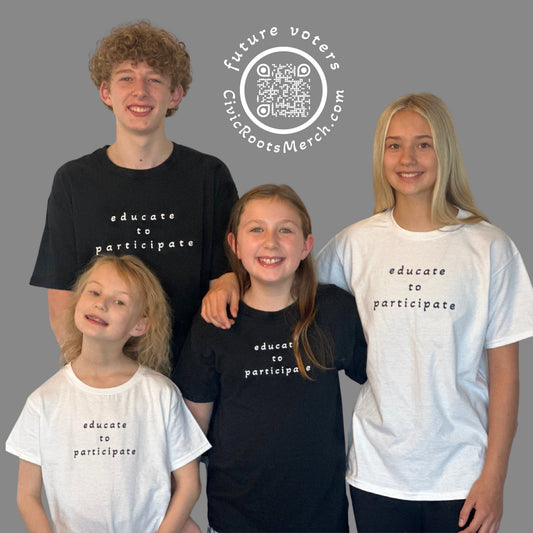 Children wearing “Educate to Participate” shirts, representing future voters learning through observation and civic experience