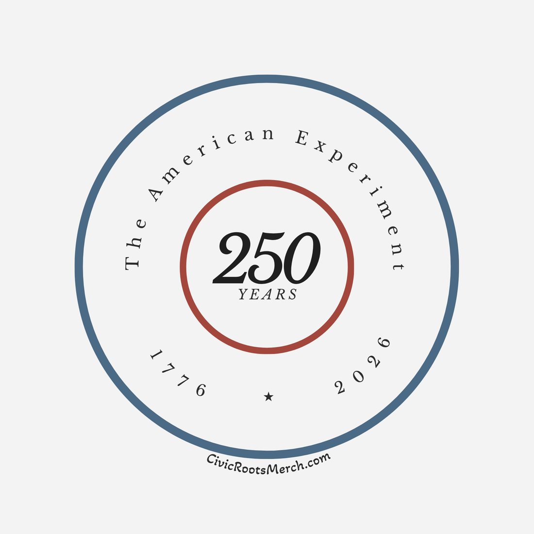 AE250 commemorative seal featuring a circular, minimal design symbolizing the American experiment in self-government at 250 years.