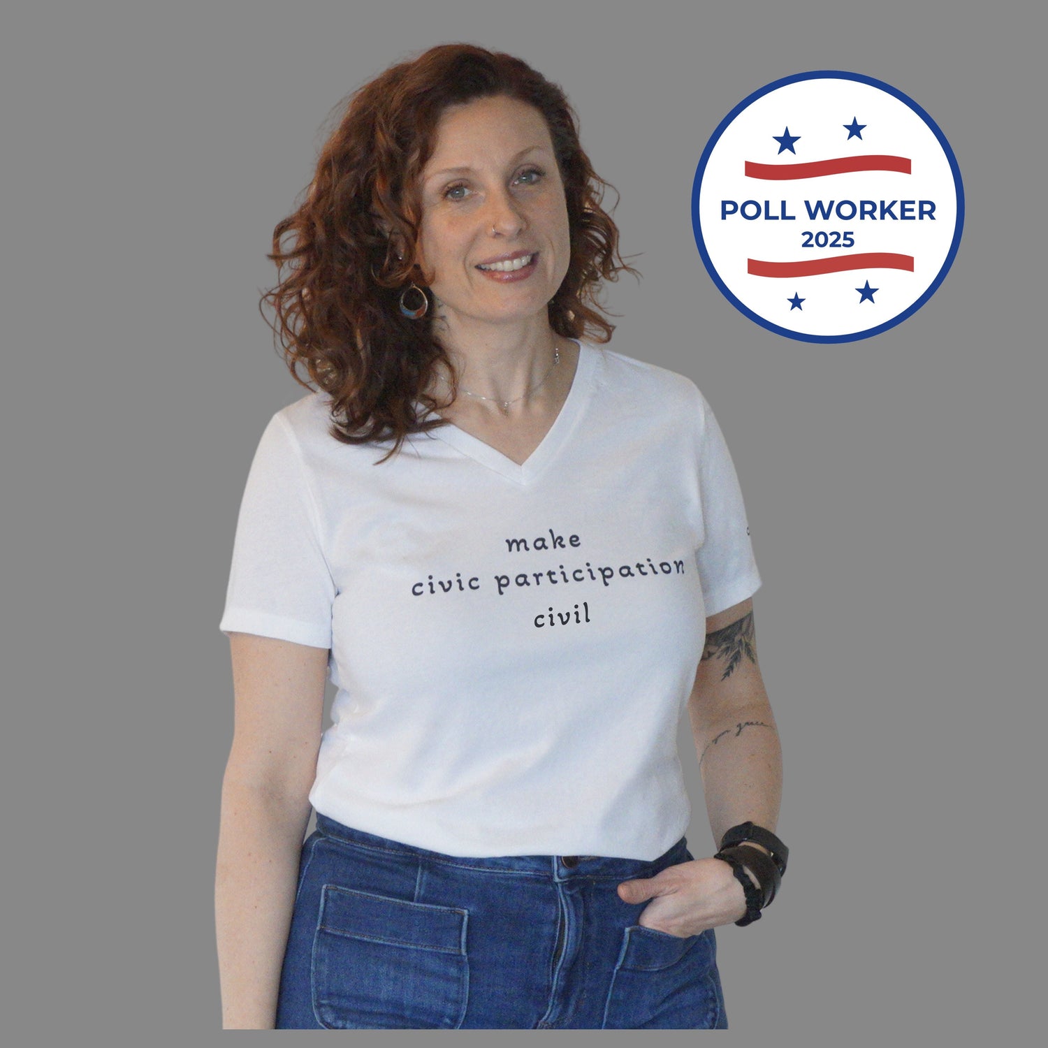 woman wearing Civic Roots make civic participation civil white shirt