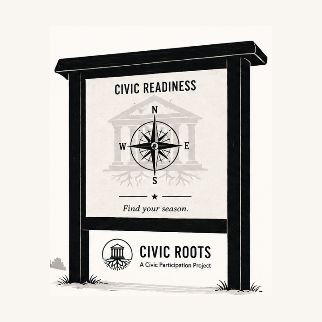 Illustration of a Civic Readiness trailhead information board featuring the Civic Roots logo and a compass. The image symbolizes Civic Readiness as the starting point for a thoughtful, sustainable journey into civic participation.