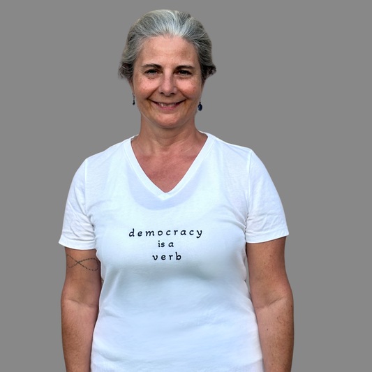Democracy Is a Verb Women’s Relaxed V-Neck T-Shirt | AE250 | Civic Roots